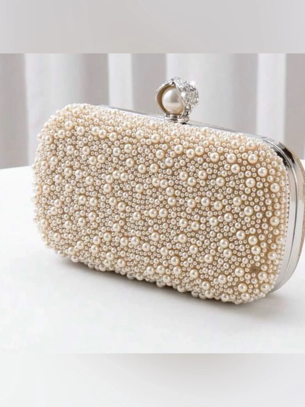 Pearl & Crystal Embellished Clutch - Apricot